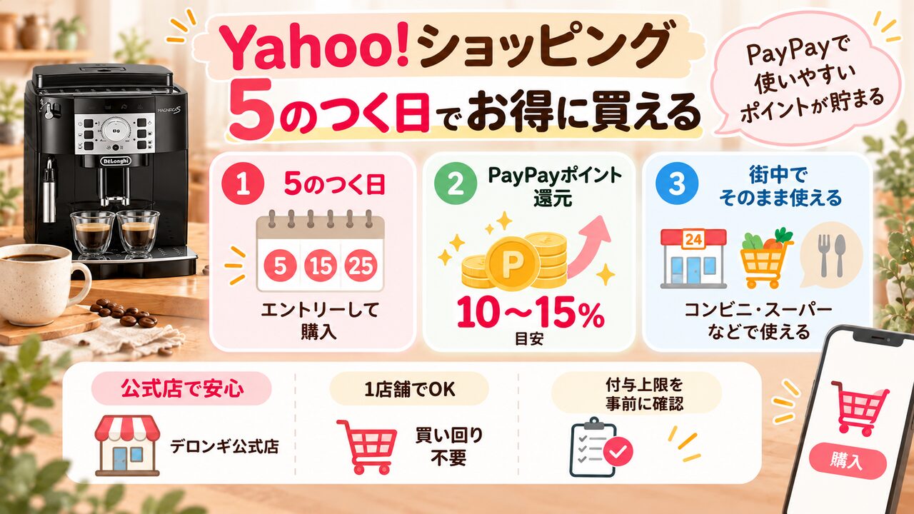 Yahoo!ショッピングでデロンギ マグニフィカSを5のつく日に購入し、PayPayポイント還元を受ける流れを示す図