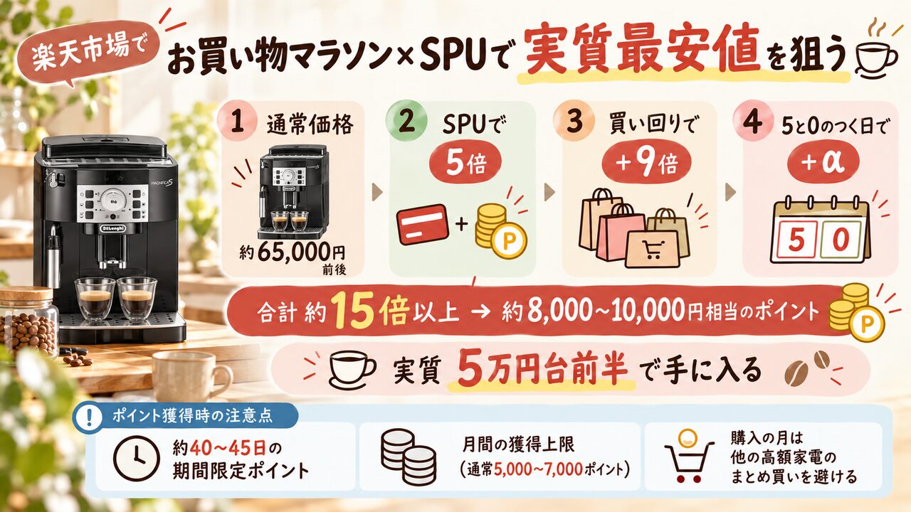 楽天市場でデロンギ マグニフィカSを購入する際、お買い物マラソン・SPU・5と0のつく日のポイント還元を組み合わせる