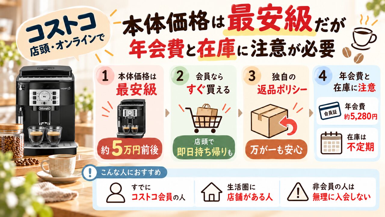 コストコでデロンギ マグニフィカSを買う際の本体価格、会員年会費、在庫の注意点まとめ