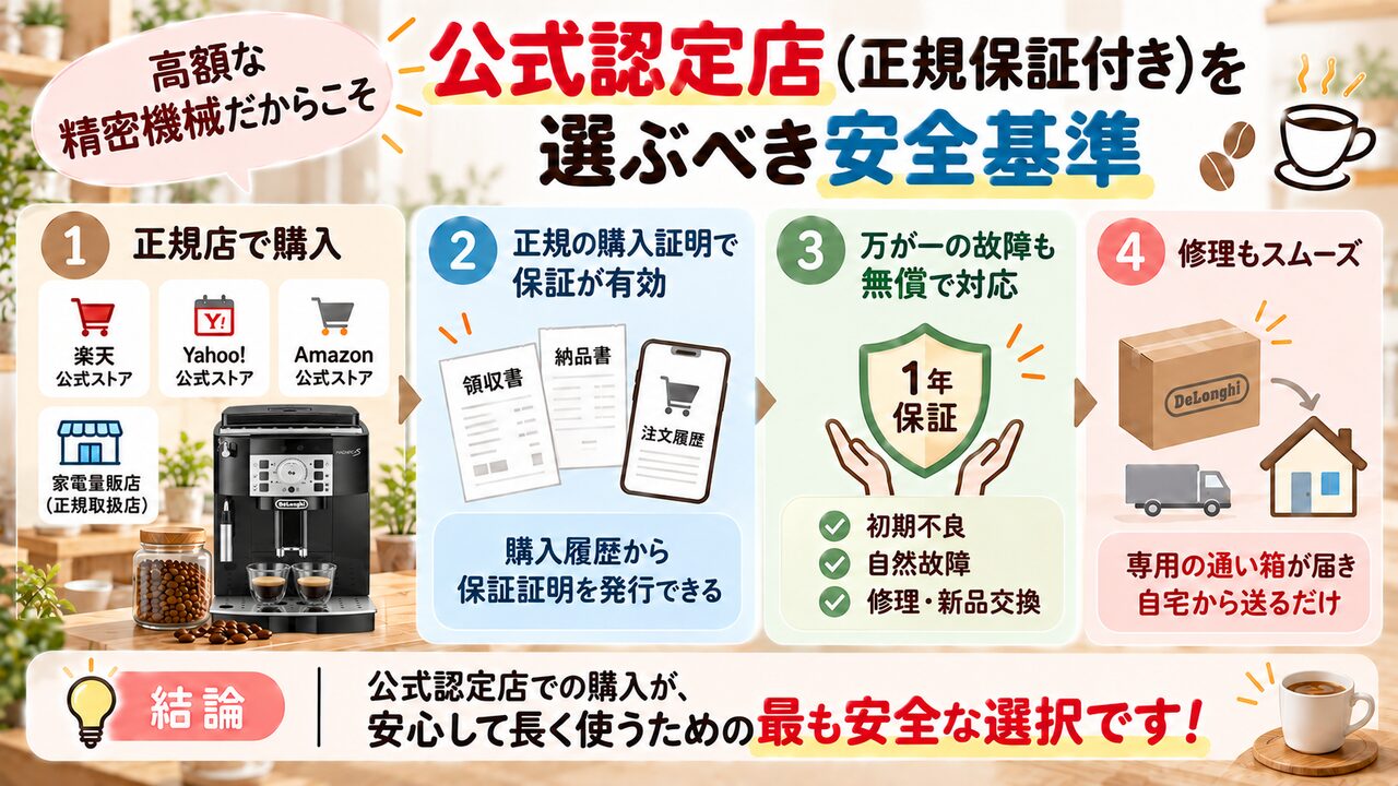 デロンギ マグニフィカSを公式認定店で購入し、購入証明・1年保証・修理対応を受ける流れを示す