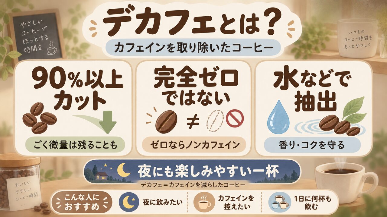 デカフェとは本来カフェインが含まれているコーヒー豆や茶葉などから、製造工程でカフェインをあらかじめ取り除いたもの