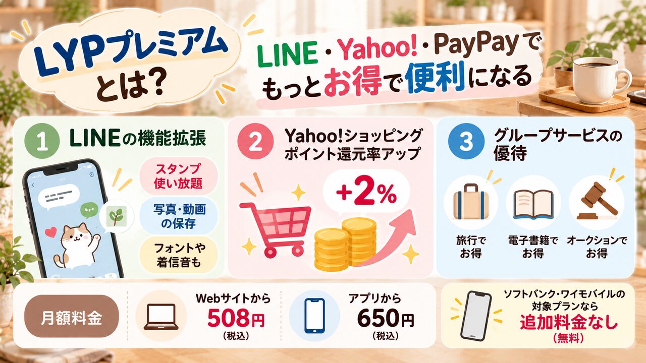 LYPプレミアムのLINE特典、Yahoo!ショッピングのポイント還元、月額料金をまとめた図