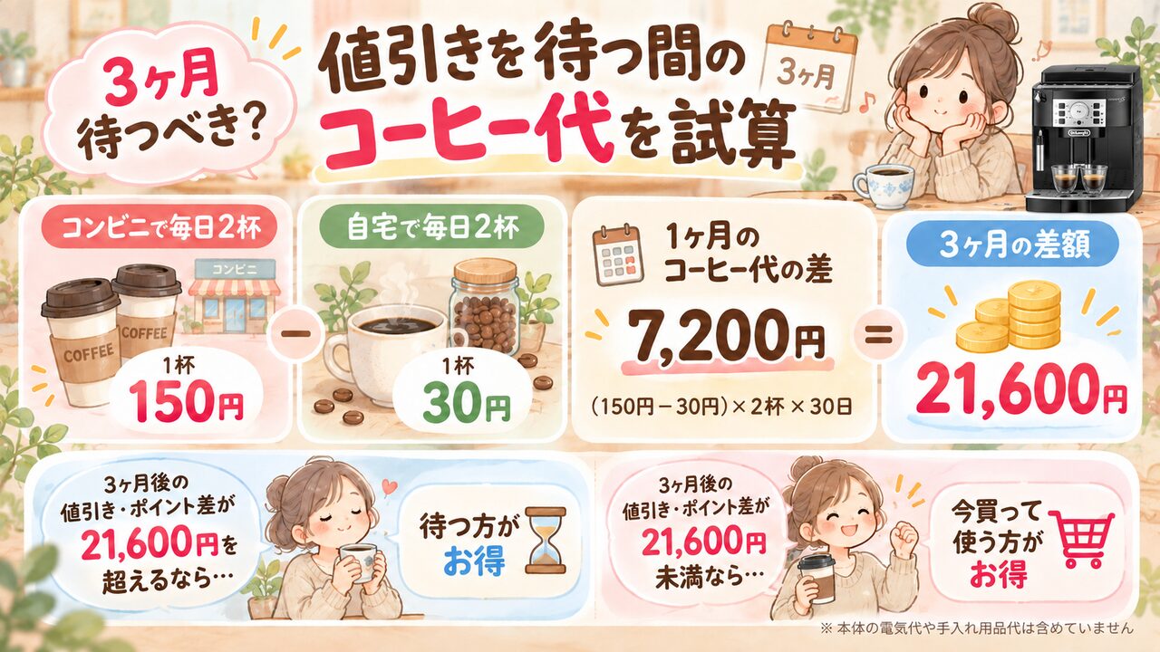 マグニフィカSの購入を3カ月待つ場合、コンビニコーヒーと自宅抽出の費用差が21,600円になる試算図