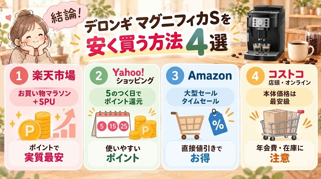 【結論】デロンギ マグニフィカSを安く買う方法4選!価格と保証を比較