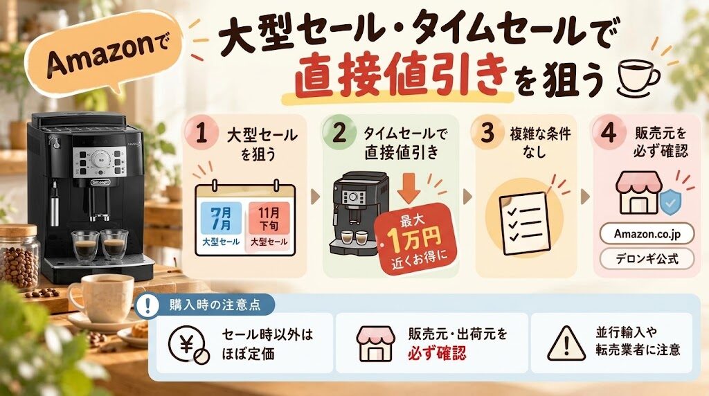 Amazonの大型セール・タイムセールでデロンギ マグニフィカSの直接値引きを狙い、販売元を確認する方法