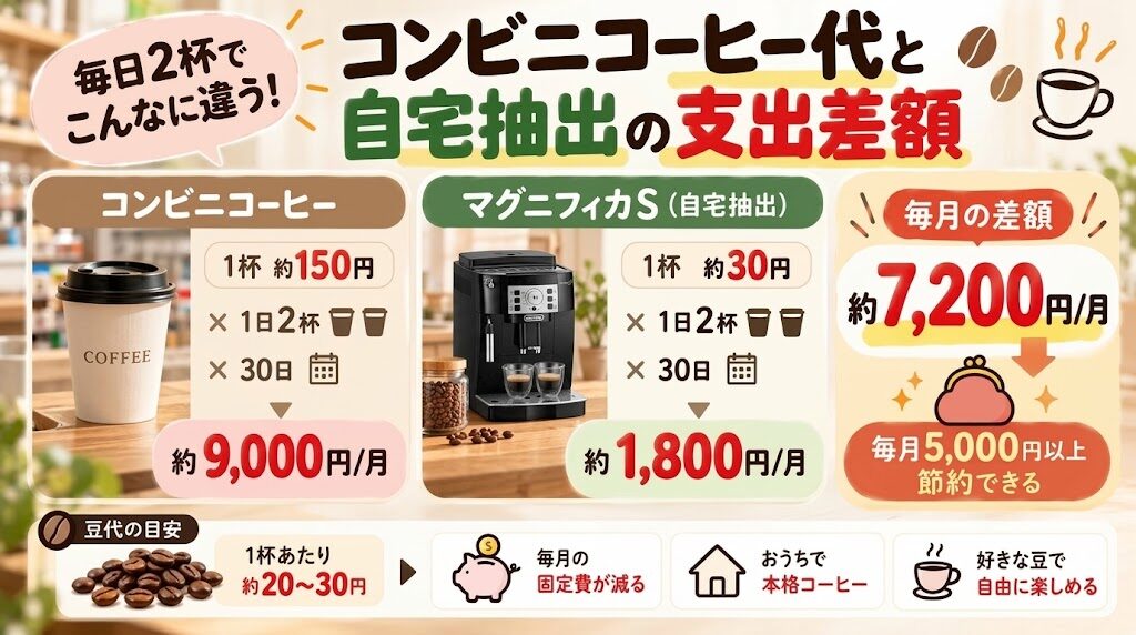 コンビニコーヒー代(月約9,000円)と自宅抽出の豆代(月約1,800円)の差額