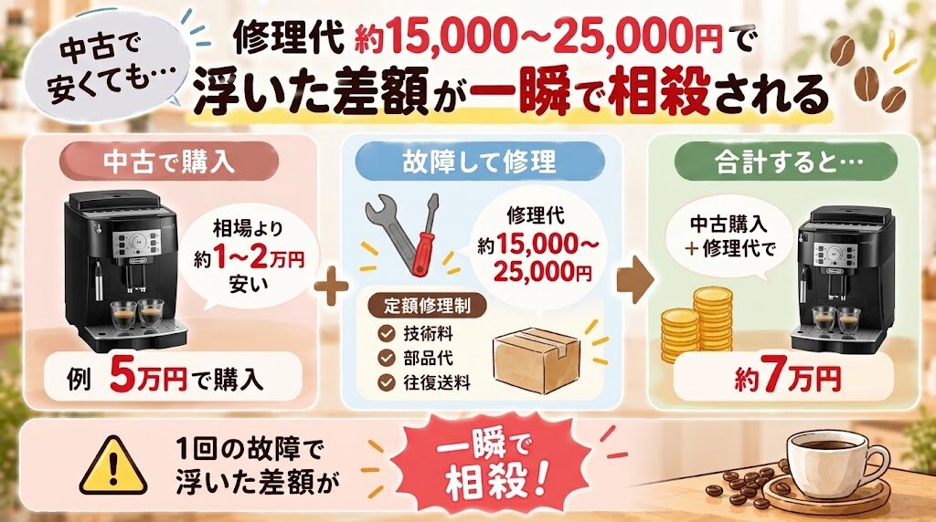 中古のデロンギ マグニフィカSを5万円で買い、修理代が加わると約7万円になる例を示す