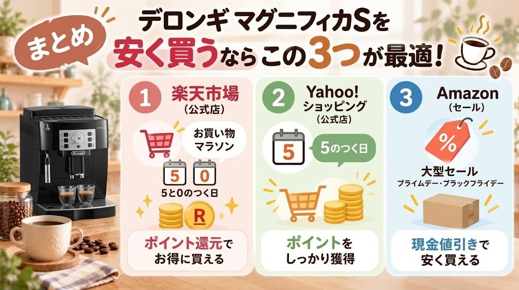 デロンギ マグニフィカSの購入先として楽天市場・Yahoo!ショッピングのポイント還元とAmazonのセールを比較
