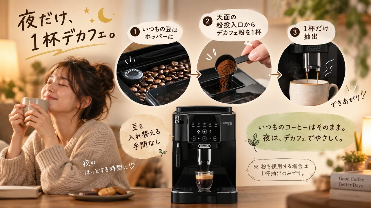 デロンギECAM22020は豆ホッパーに通常のコーヒー豆を入れたまま、天面の「粉投入口」から計量スプーン1杯分のデカフェ粉を入れて1杯だけ抽出