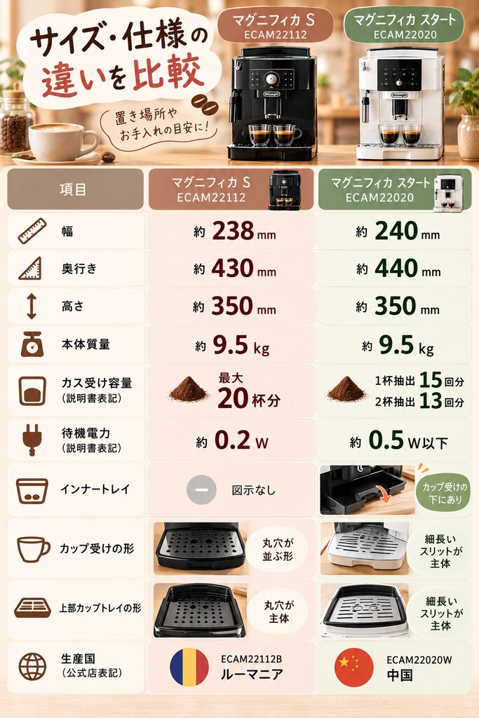 デロンギ ECAM22112とECAM22020の本体サイズ・容量・トレイ・生産国の仕様比較表
