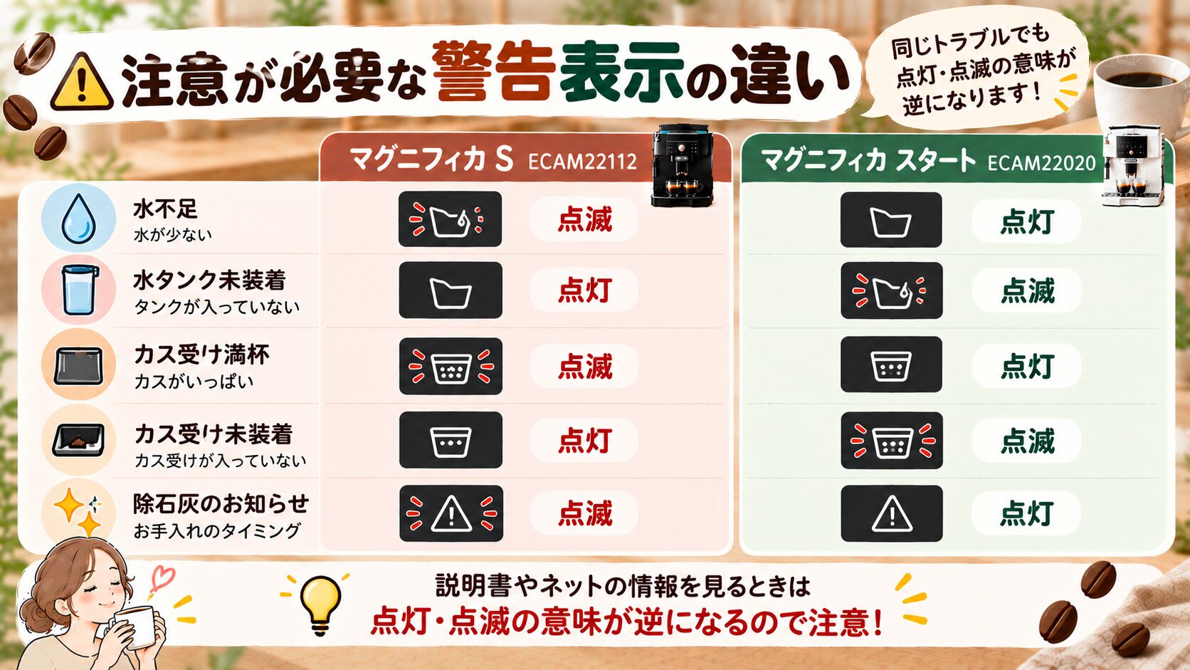 デロンギ ECAM22112とECAM22020の警告表示の比較：水不足・カス受け満杯などで異なる点灯と点滅の意味