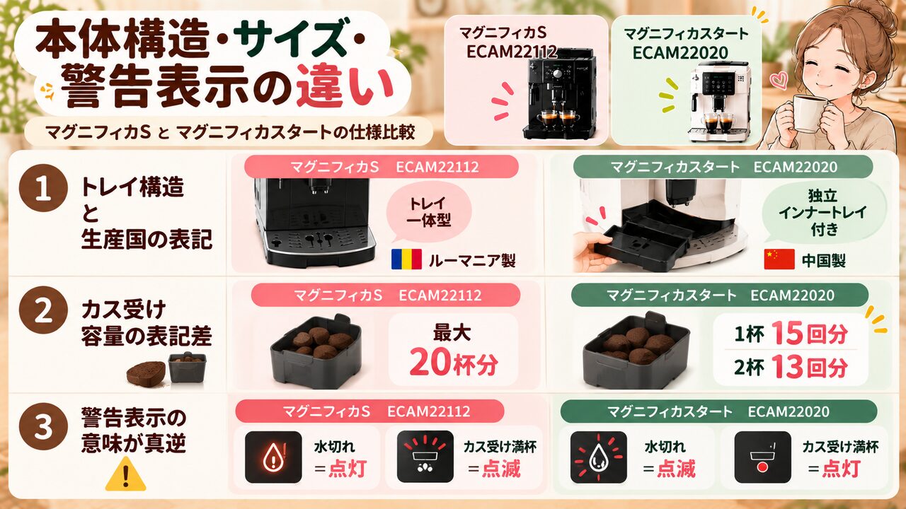 デロンギ マグニフィカS ECAM22112とマグニフィカスタート ECAM22020の本体構造・カス受け容量・警告表示の比較