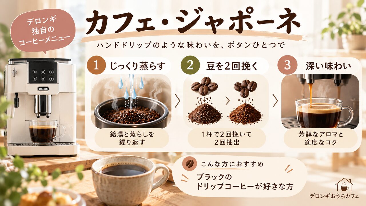 カフェ・ジャポーネはデロンギが独自開発した「深蒸しレギュラーコーヒー」機能