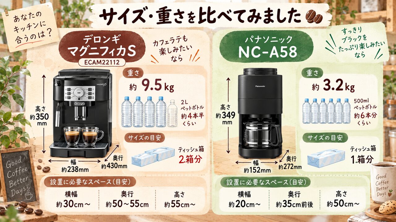 デロンギECAM22112の奥行き43cmとパナソニックNC-A58の幅15cmを比較するサイズ