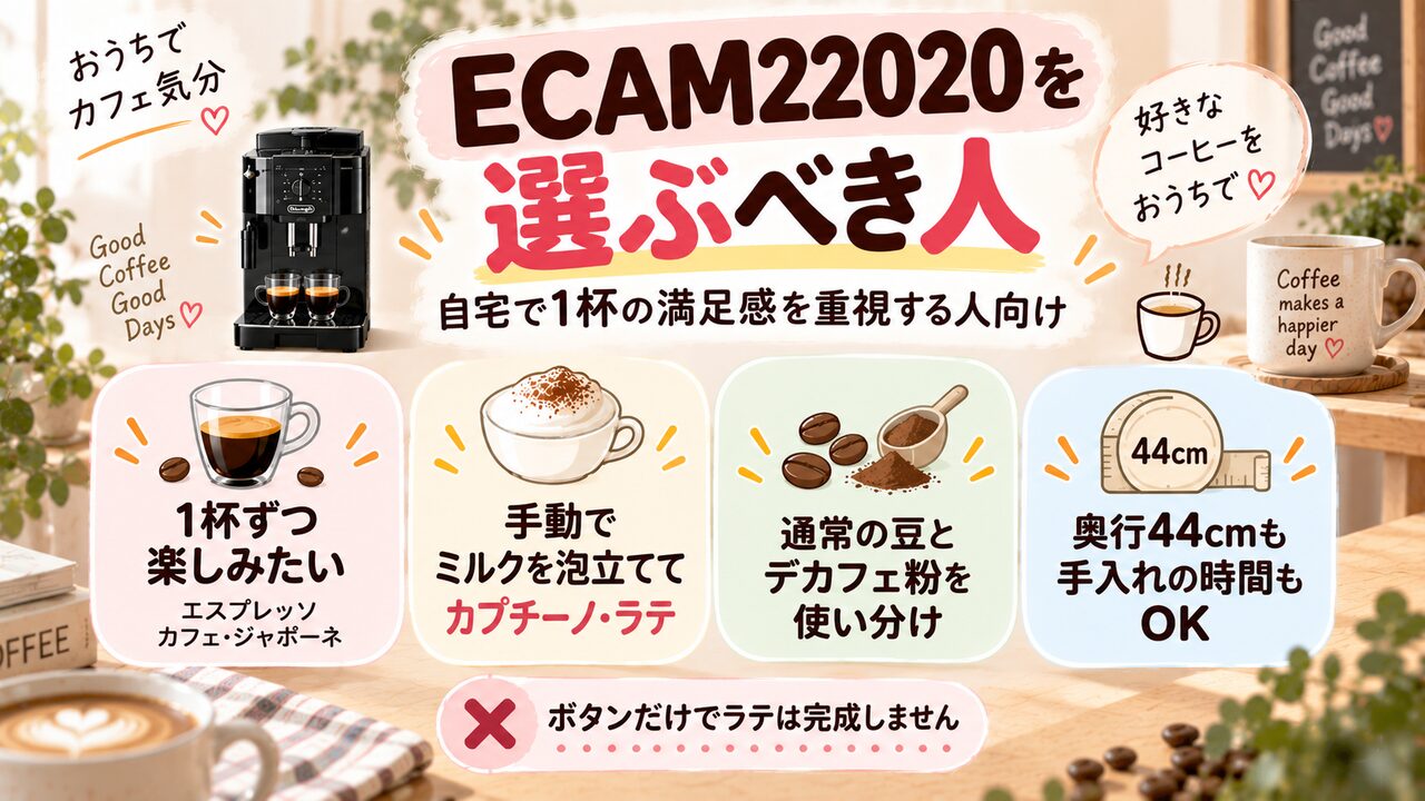 デロンギECAM22020が向いている人のメニュー・豆の使い分け・設置条件を示した図