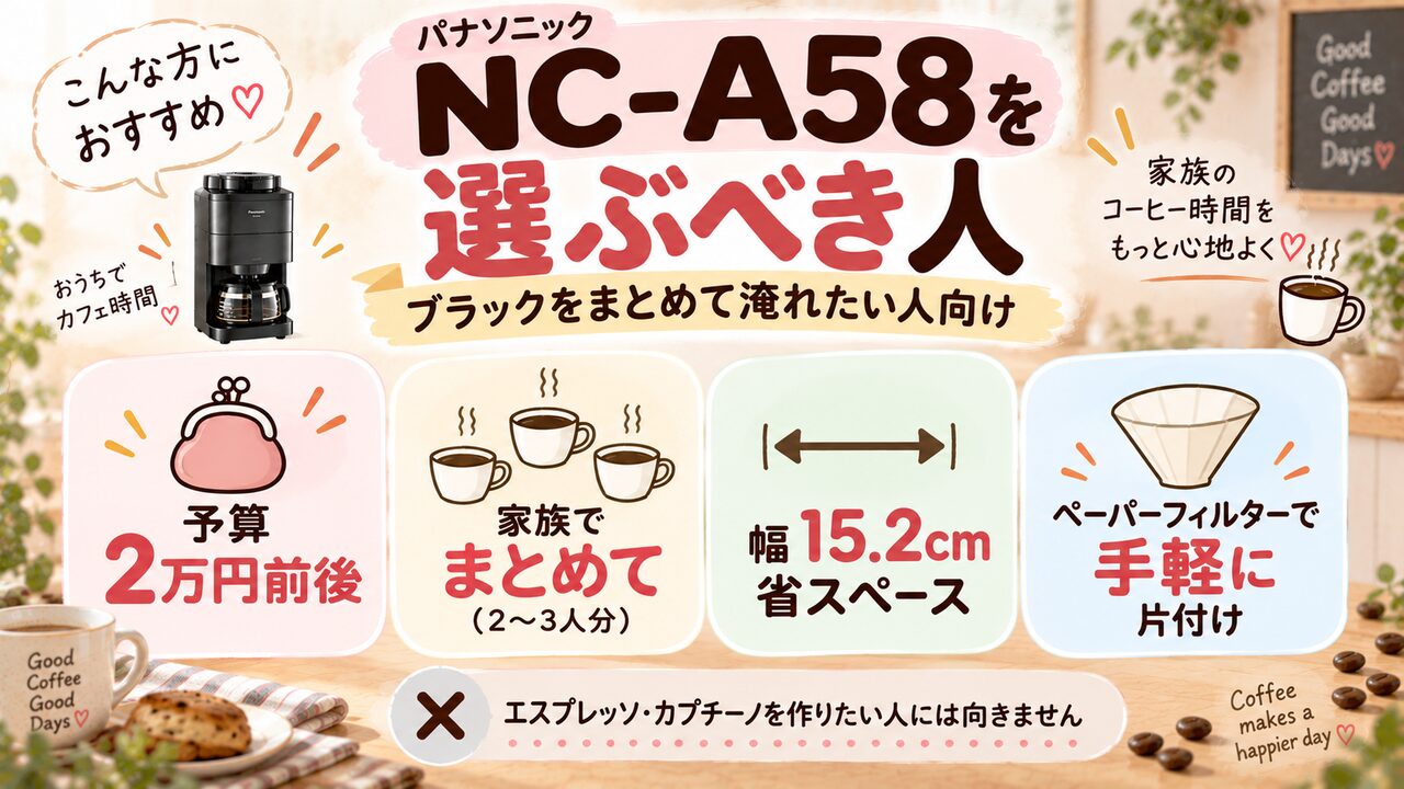 パナソニックNC-A58が向いている人の予算・抽出量・設置性・手入れを示した図
