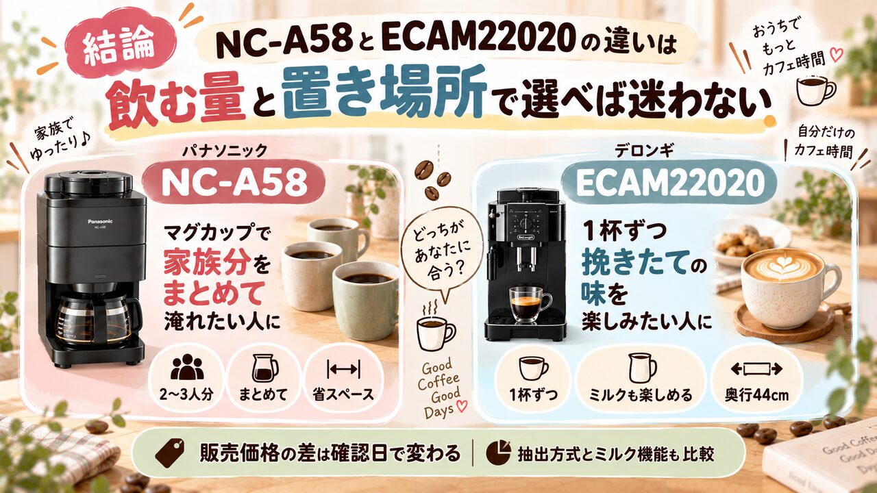 飲む量と置き場所で選ぶNC-A58とECAM22020の結論を示した図