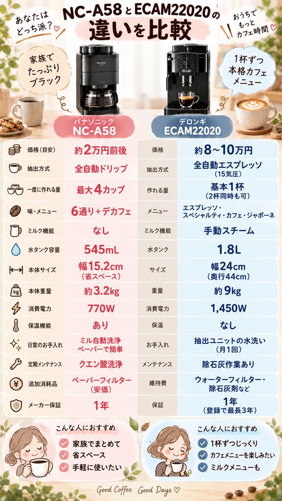 NC-A58とECAM22020の価格・サイズ・消費電力・手入れなど基本仕様の比較表