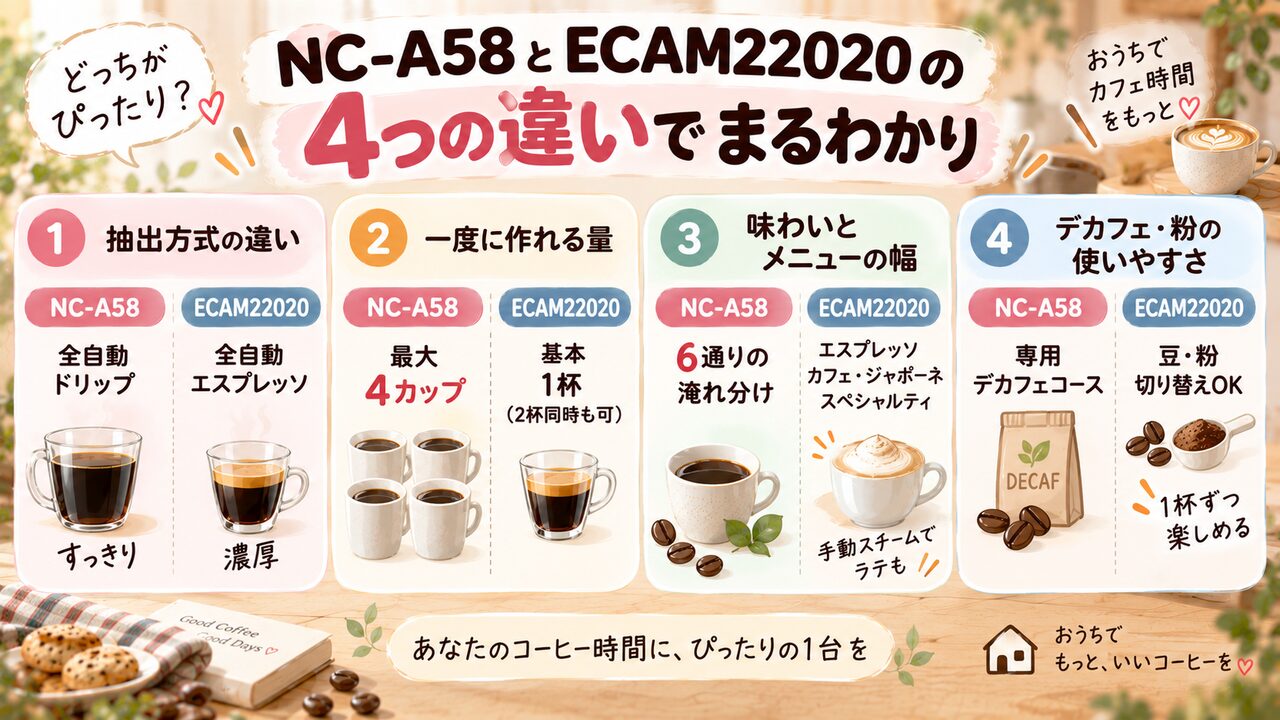 NC-A58とECAM22020の抽出方式・容量・メニュー・デカフェ対応の違いをまとめた図