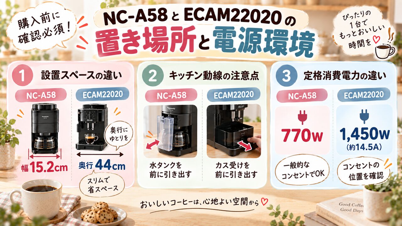 NC-A58とECAM22020の設置スペース・キッチン動線・消費電力のまとめ