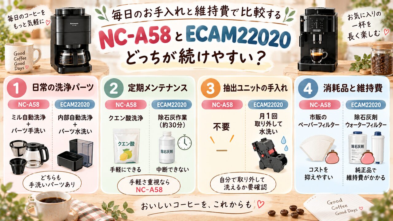 NC-A58とECAM22020の洗浄・定期メンテナンス・維持費を比較した図