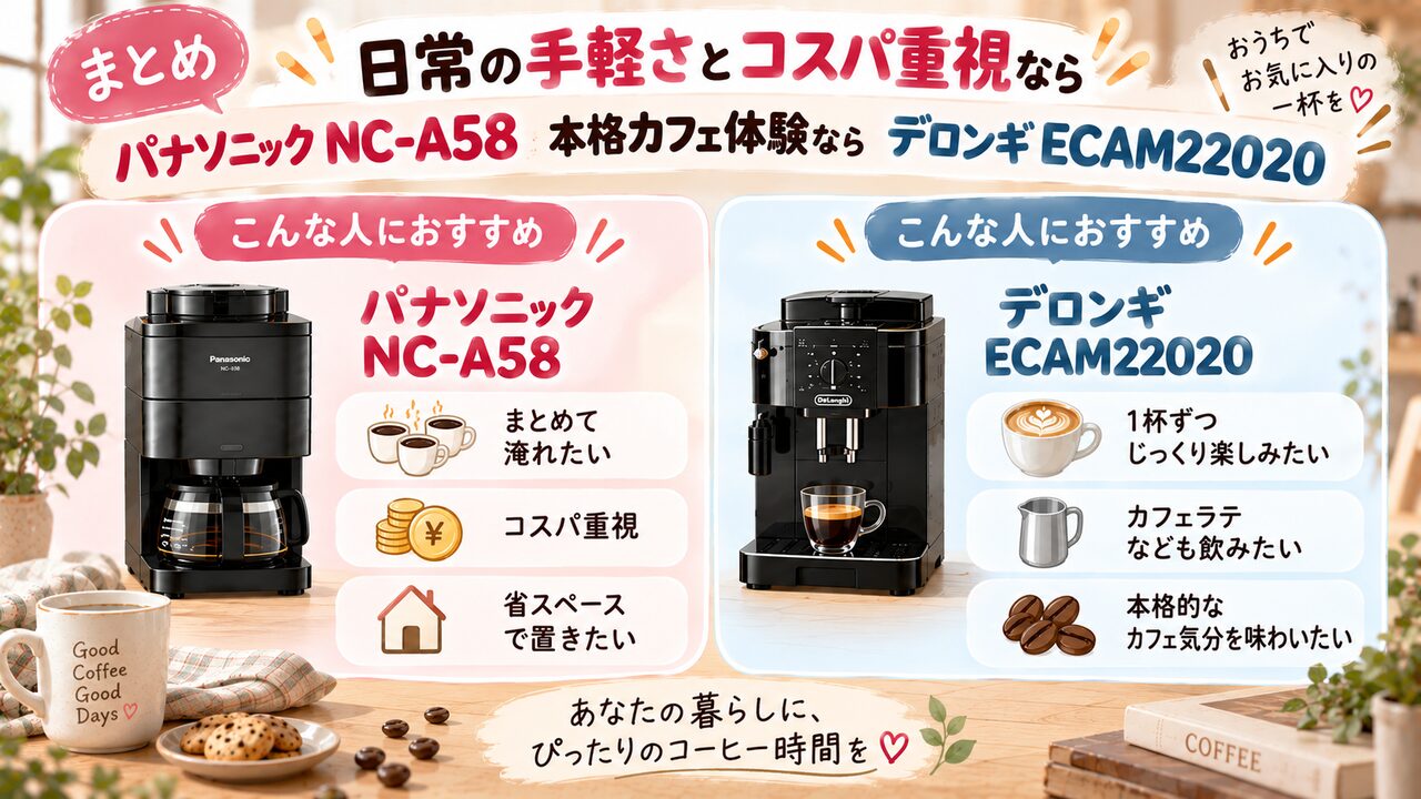 手軽さ重視のNC-A58とカフェメニュー重視のECAM22020を選ぶ基準をまとめた図