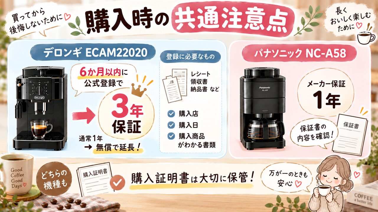 ECAM22020の延長保証登録とNC-A58のメーカー保証、購入証明書の保管を示した図