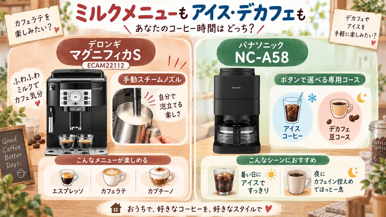 デロンギの手動スチームとパナソニックのアイス・デカフェコースを比較