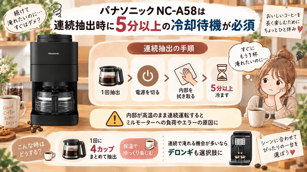 パナソニックNC-A58の連続運転で5分以上待つ注意点を示す