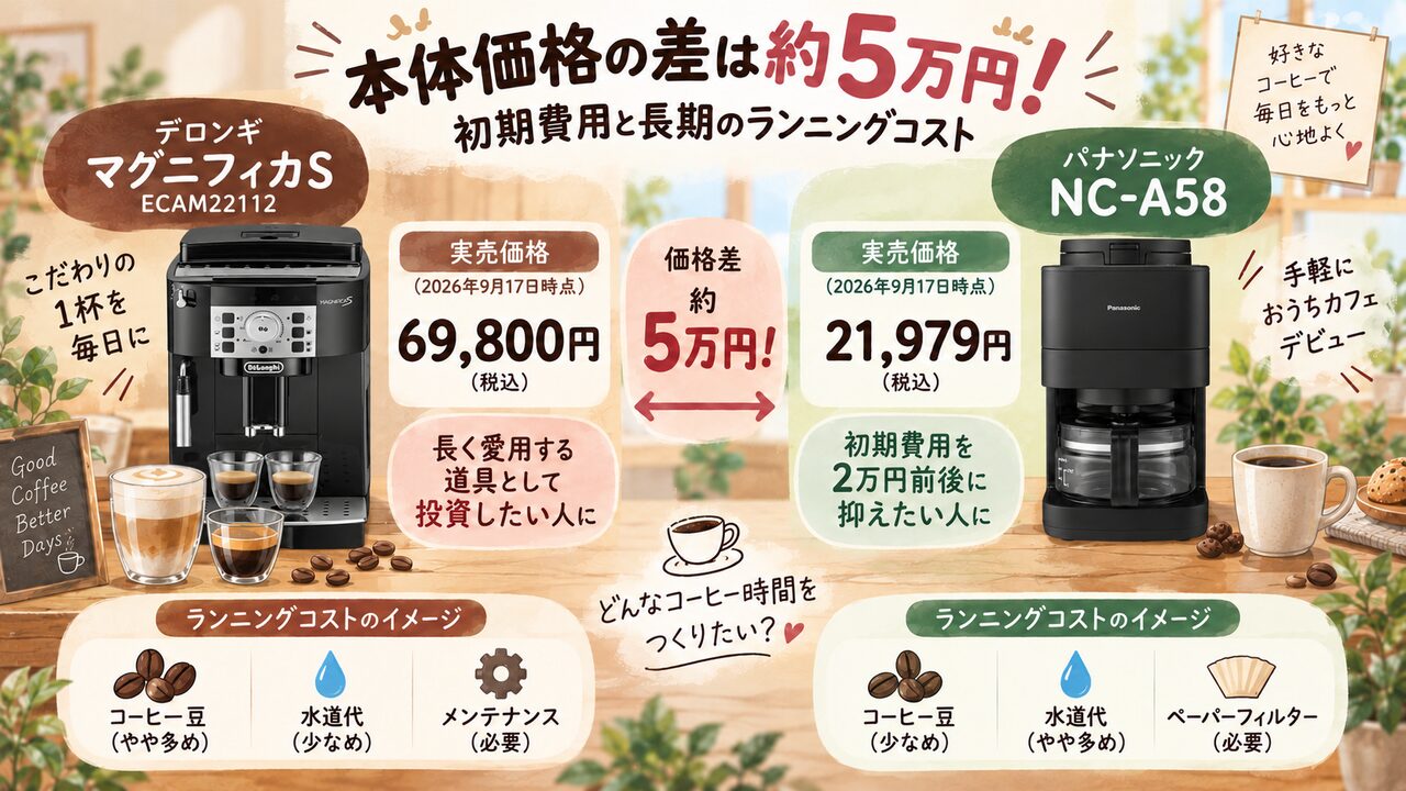デロンギとパナソニックの本体価格とランニングコストの差を示す比較図