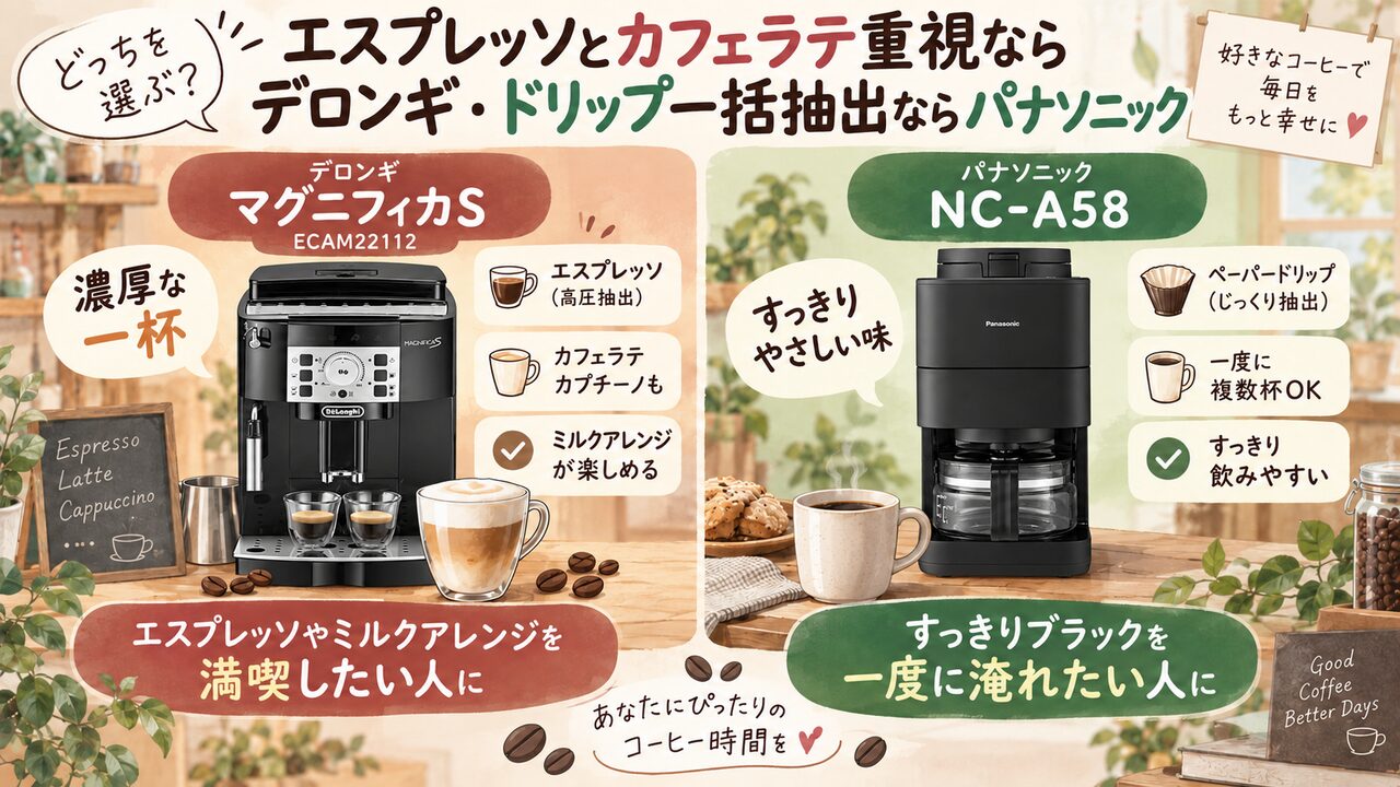 デロンギのエスプレッソ・カフェラテとパナソニックのドリップを比較