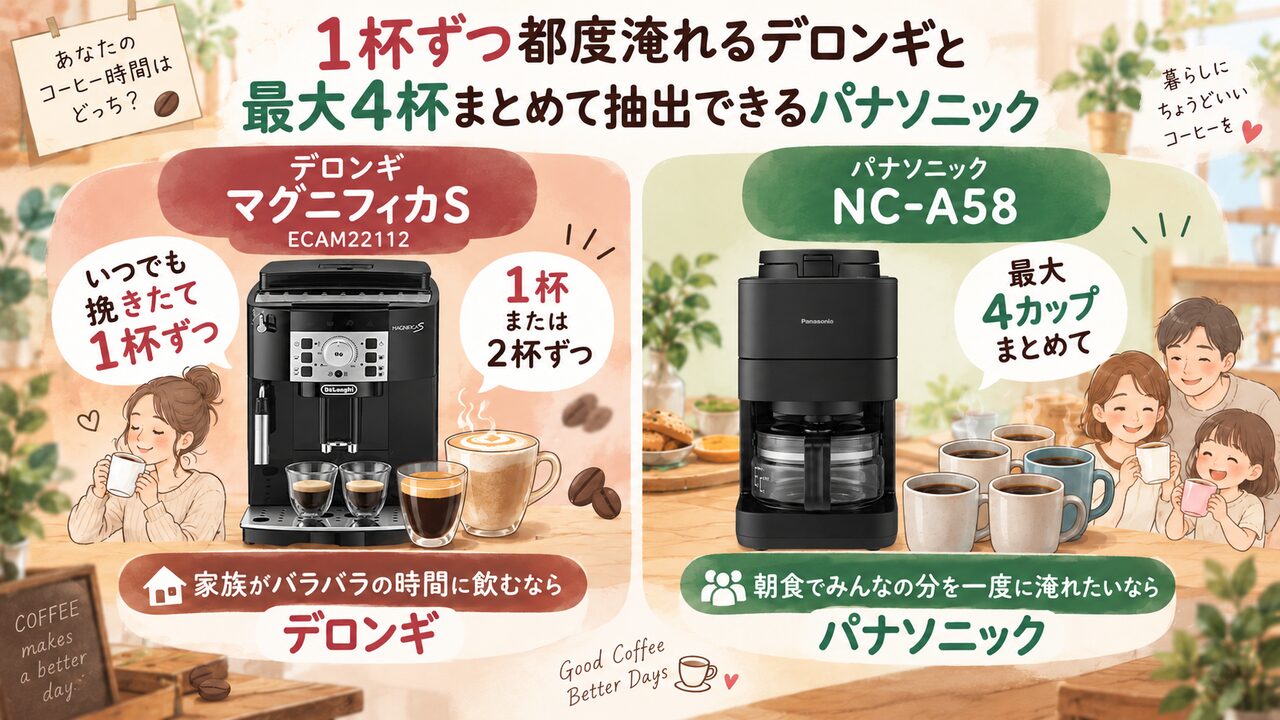 デロンギ1杯抽出とパナソニック最大4杯抽出の比較図