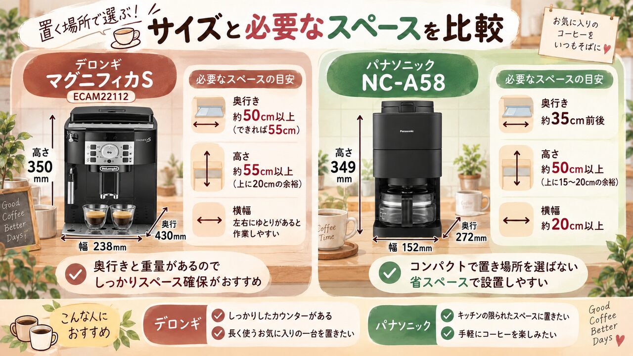 デロンギとパナソニックの本体サイズをキッチン設置で比較