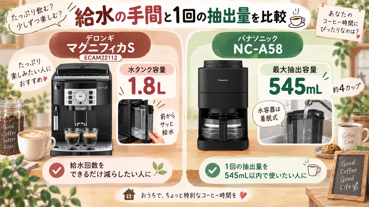 デロンギの給水回数とパナソニック最大545mL抽出を比較