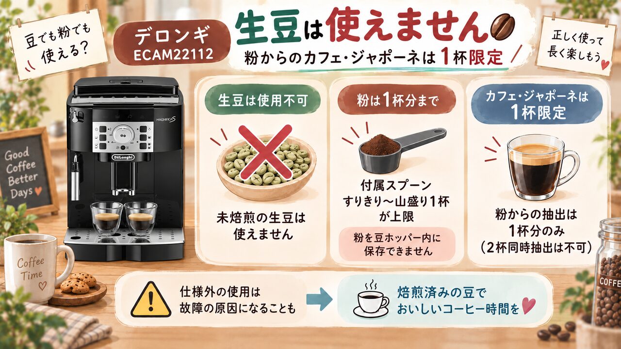 デロンギで使用できるコーヒー豆と粉・生豆の注意点を示す