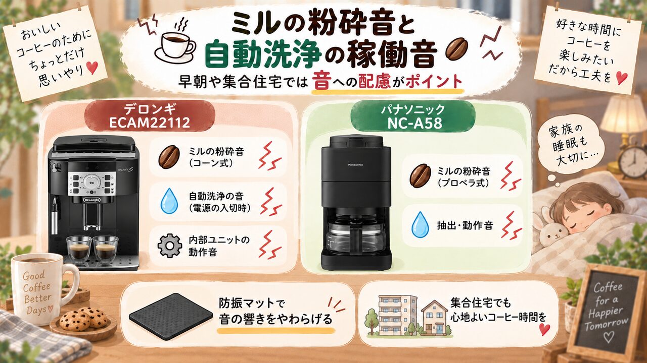コーヒーメーカーのミル粉砕音と自動洗浄音を示す