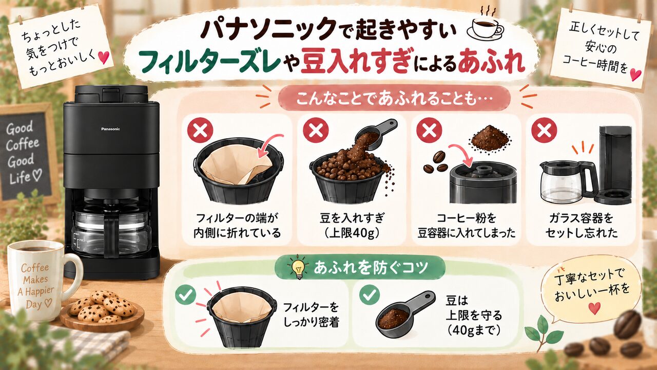 パナソニックNC-A58のフィルターずれと豆の入れすぎによるあふれを示す