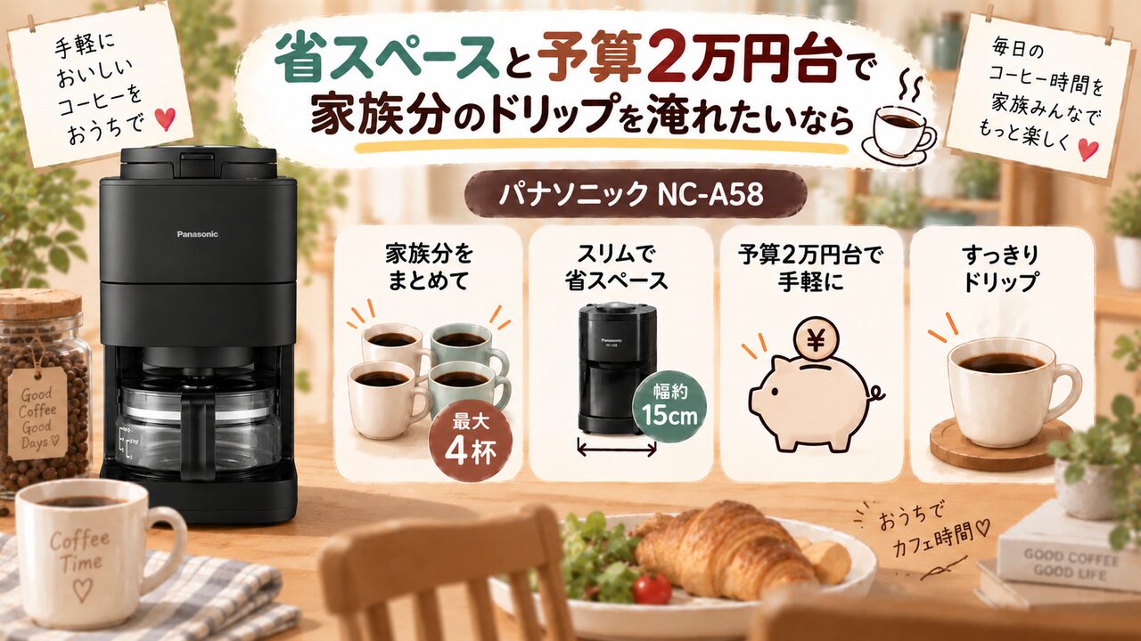 パナソニックNC-A58で省スペースに家族分のドリップを淹れるイメージ