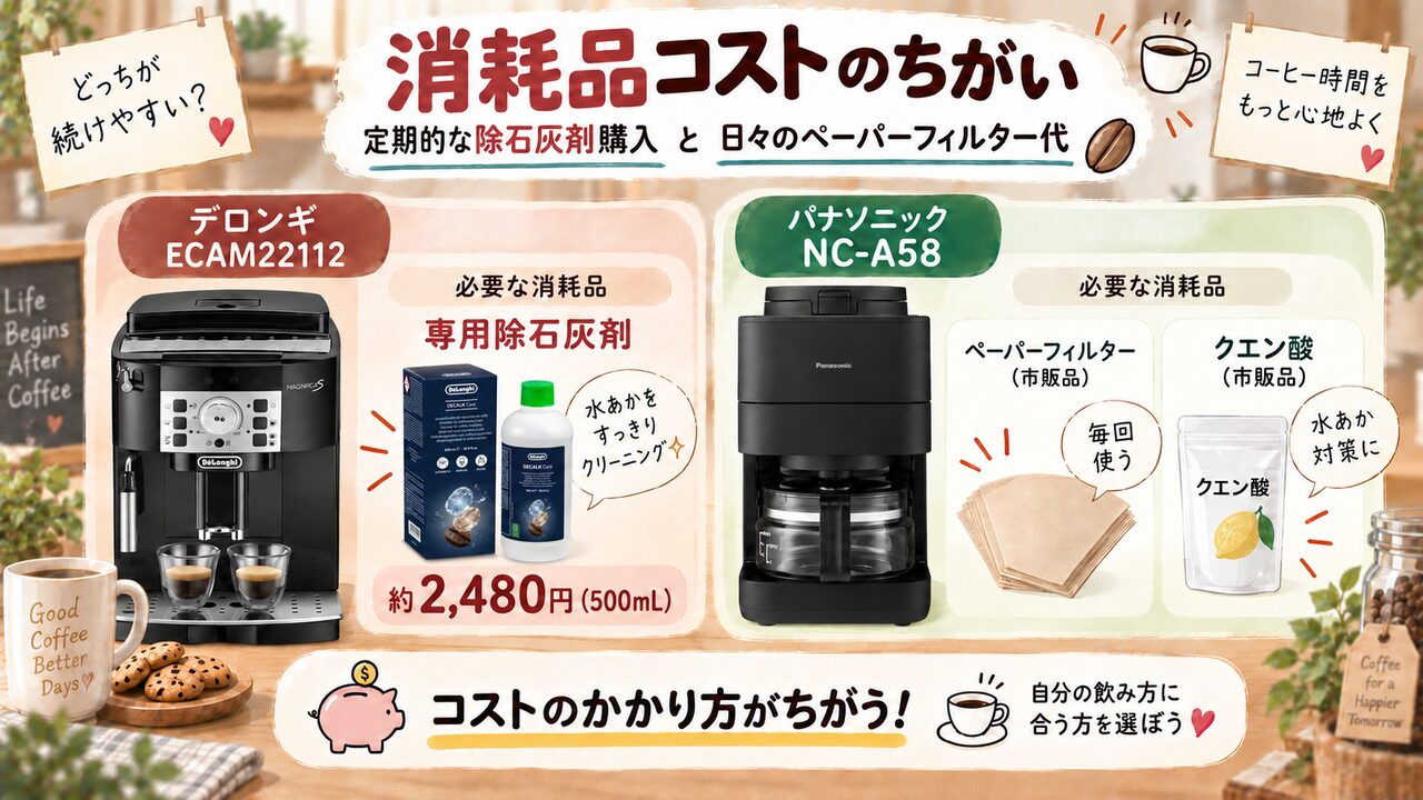 定期的な除石灰剤購入と日々のペーパーフィルター代の差