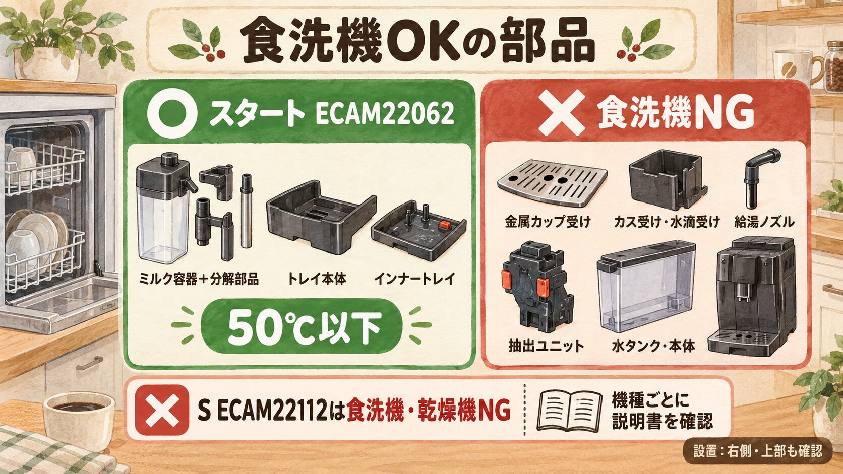 デロンギマグニフィカSのECAM22112とデロンギマグニフィカスタートのECAM22062の食洗機が使える部品