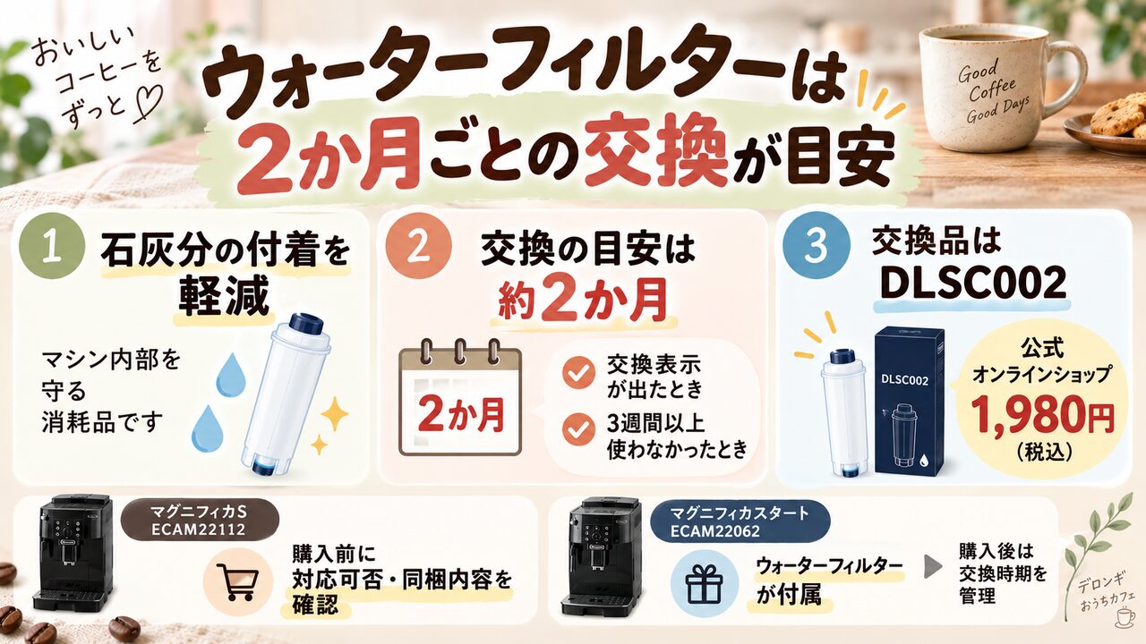 ウォーターフィルターは2か月ごとの交換が目安