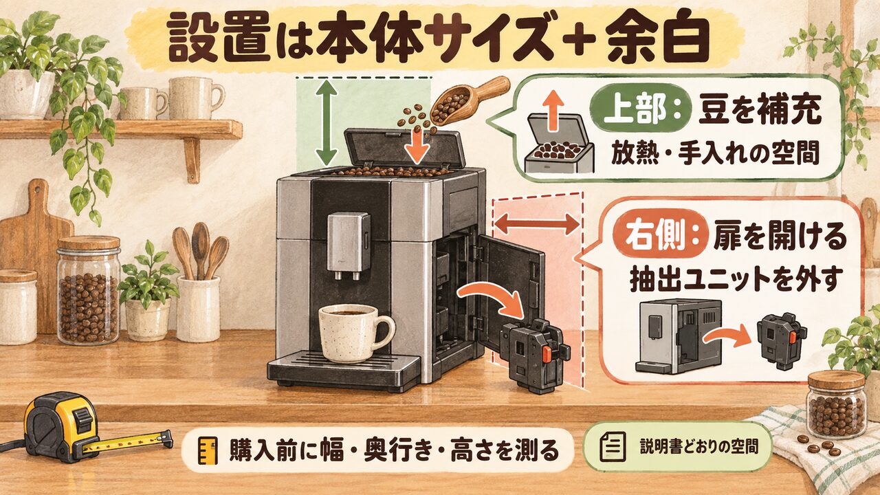 本体の寸法だけでなく右側と上部の空間も確認