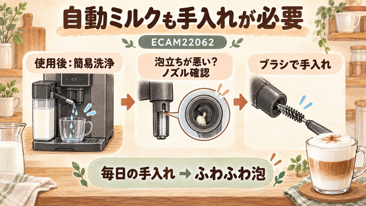デロンギマグニフィカスタートのECAM22062｜ミルク経路の手入れが必要