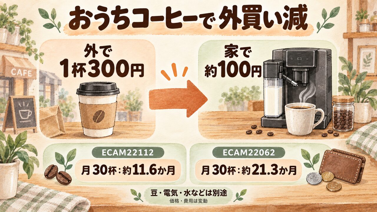 デロンギマグニフィカSのECAM22112とデロンギマグニフィカスタートのECAM22062の飲む頻度によっては外で買う回数を減らせる