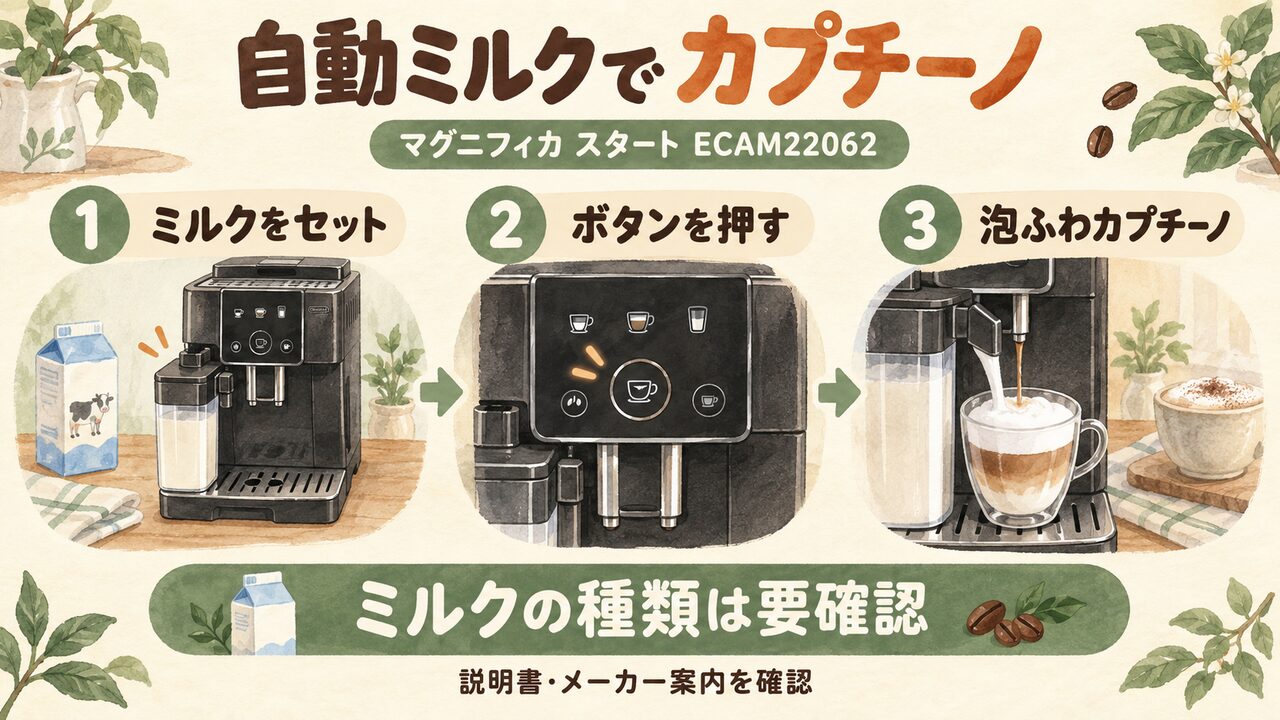 デロンギマグニフィカスタートのECAM22062｜自動ミルク機能の使い方を確認