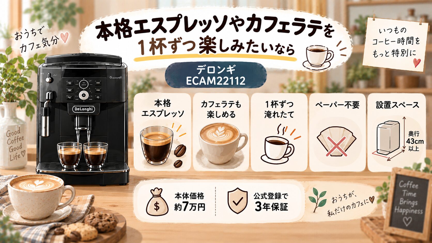 デロンギマグニフィカSのECAM22112でエスプレッソやカフェラテを楽しむイメージ