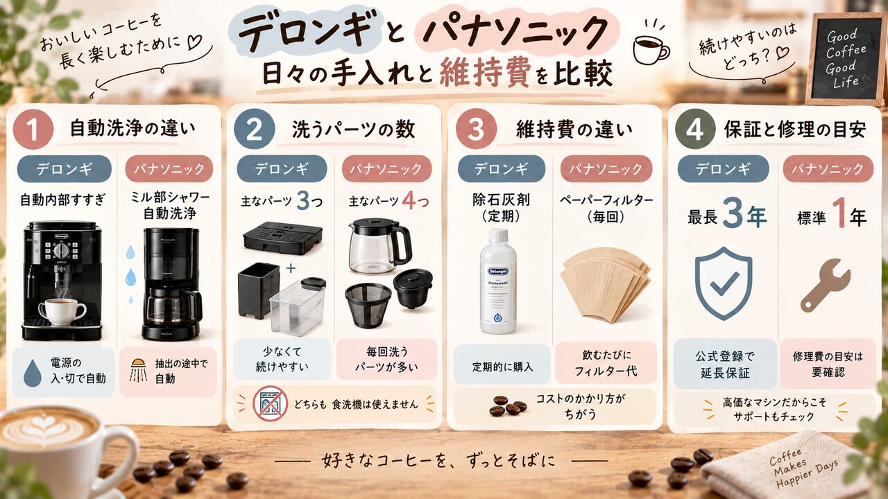 デロンギとパナソニックの手入れと維持費を比較