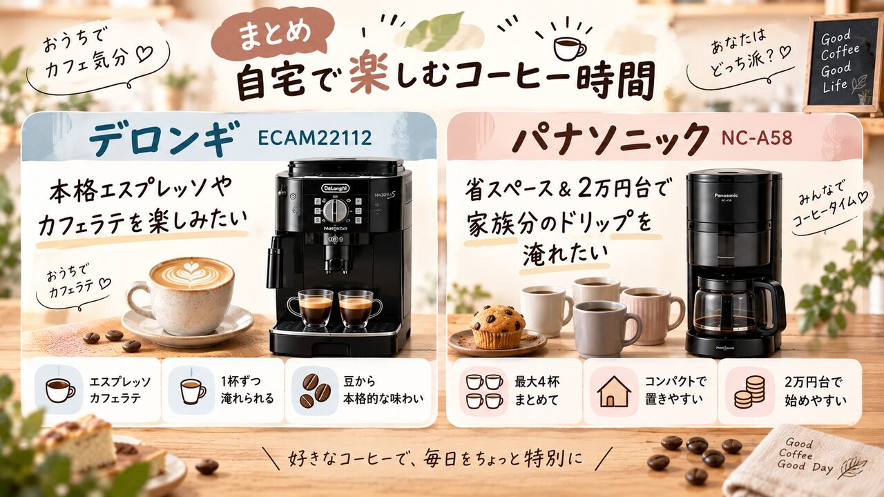 まとめ|自宅でカフェラテを楽しむならデロンギ・手軽にドリップを飲むならパナソニックがおすすめ