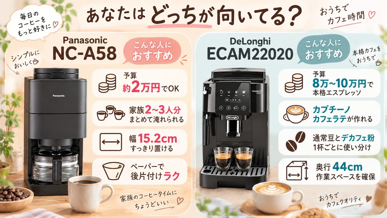 パナソニックNC-A58とデロンギECAM22020の向いている人・予算・設置サイズを比較した図