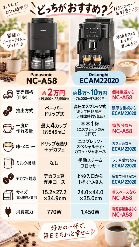 パナソニックNC-A58とデロンギECAM22020の価格・抽出方式・容量などを比較した一覧表
